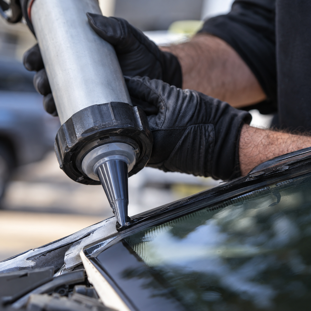 Illustration of urethane adhesive being applied along a windshield frame