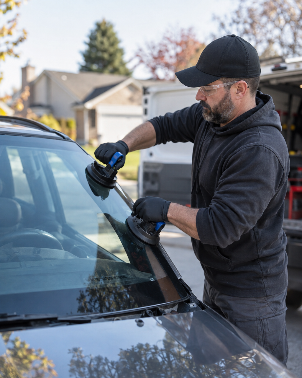 Illustration of a technician setting a new windshield in a residential driveway